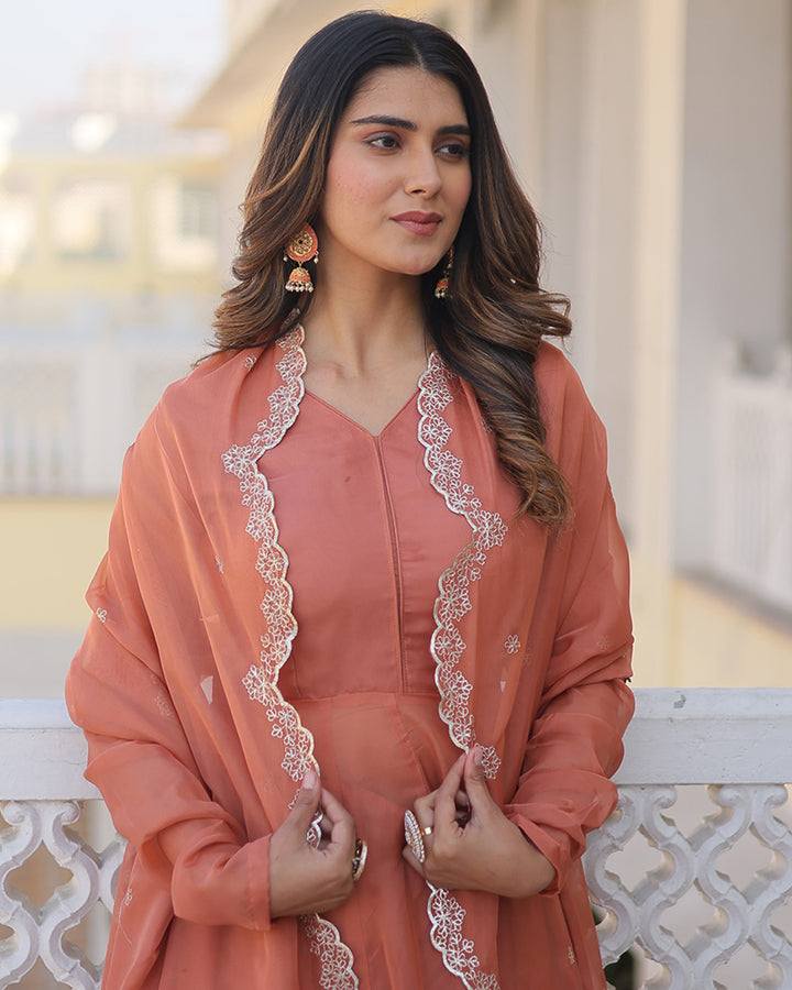 Peach Color Russian Silk Kurti With Pant And Dupatta