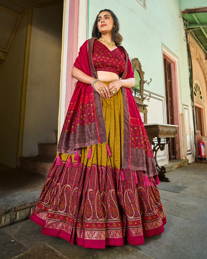 Mustard Yellow Color Tussar Silk Designer Lehenga Choli