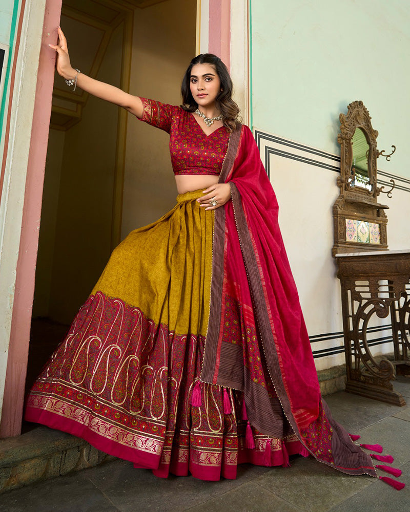 Mustard Yellow Color Tussar Silk Designer Lehenga Choli