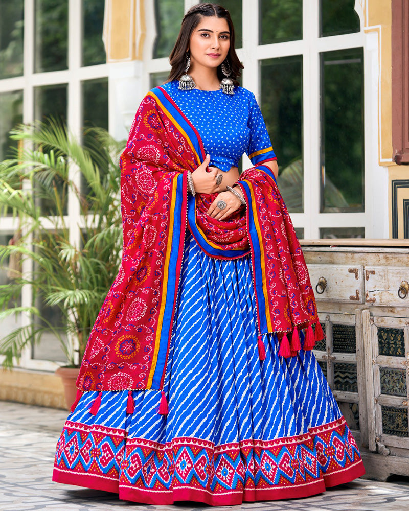 Laheriya Printed Royal Blue Color Tussar Silk Lehenga Choli