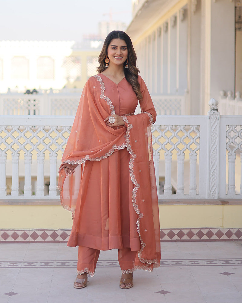 Peach Color Russian Silk Kurti With Pant And Dupatta