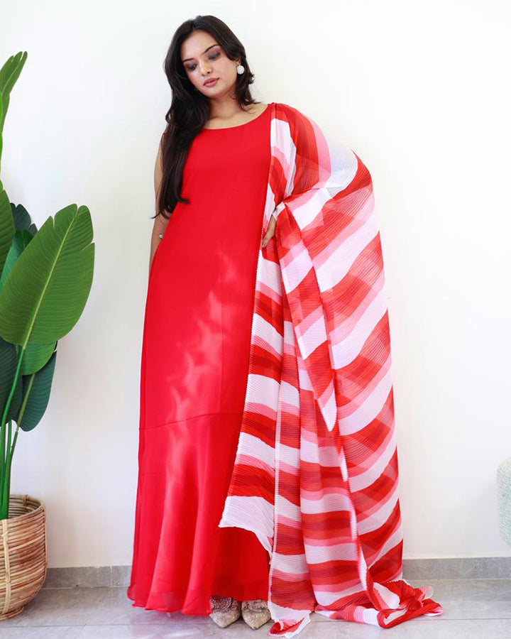 Red Color Georgette Ready To Wear Gown Saree