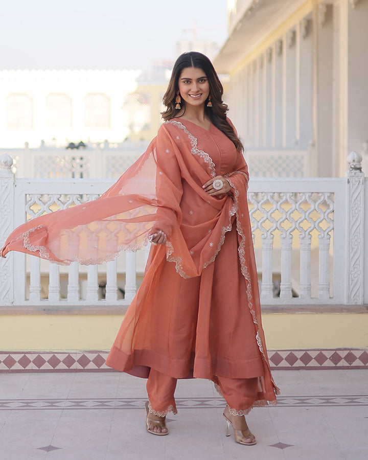 Peach Color Russian Silk Kurti With Pant And Dupatta