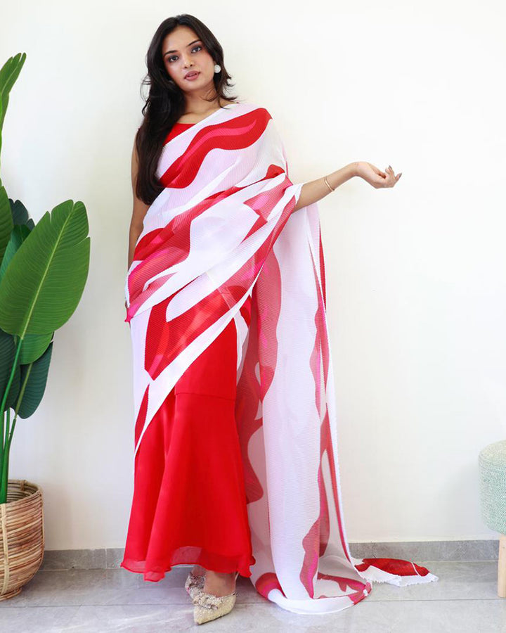 Red Color Georgette Ready To Wear Gown Saree