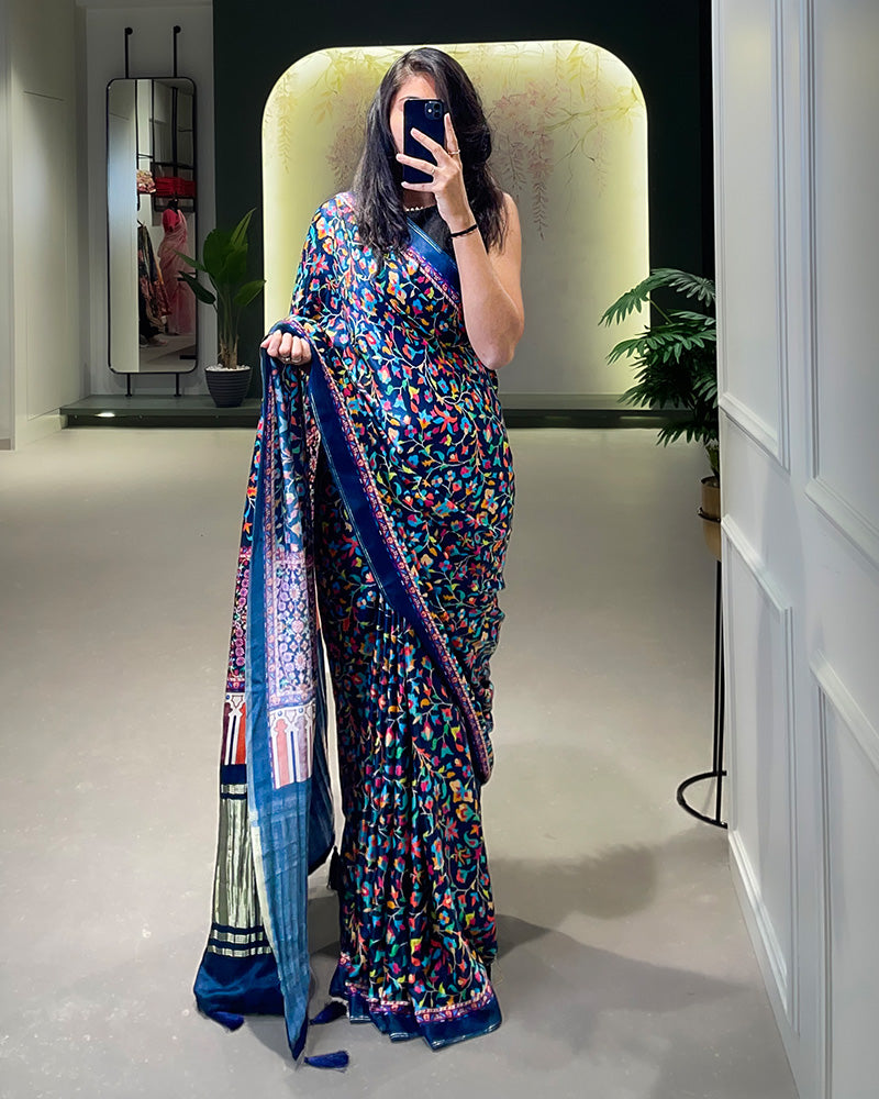 Lagdi Patta Blue Color Pure Gaji Silk Patola Printed Saree