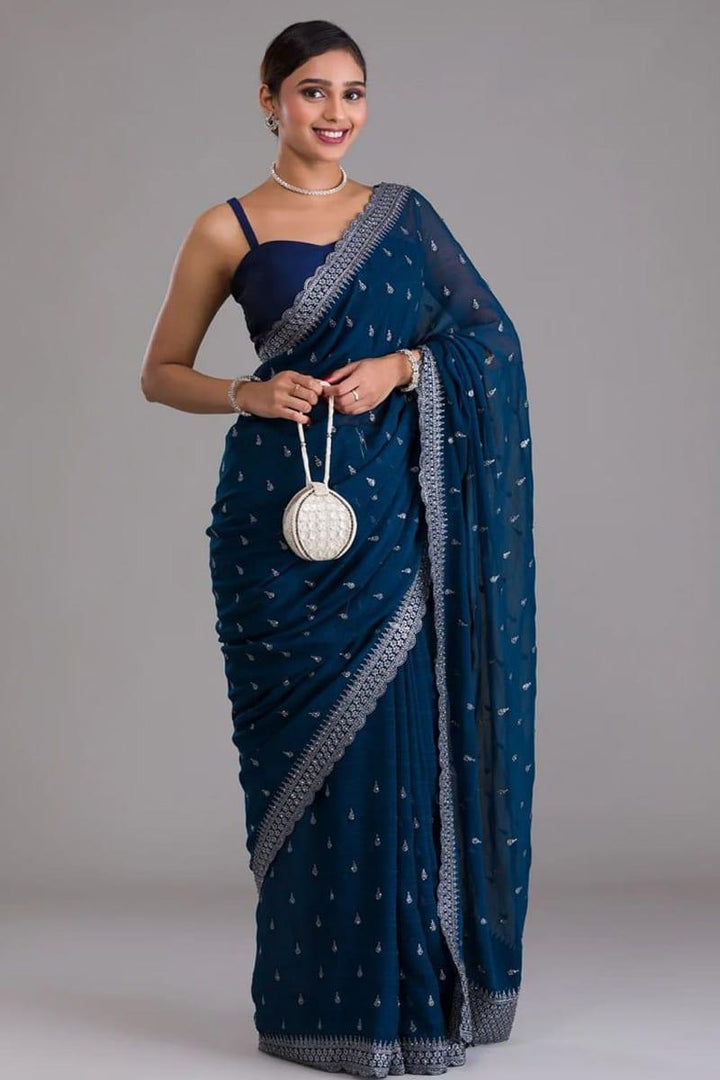 Blue Color Zari Sequence Chinon Chiffon  Saree