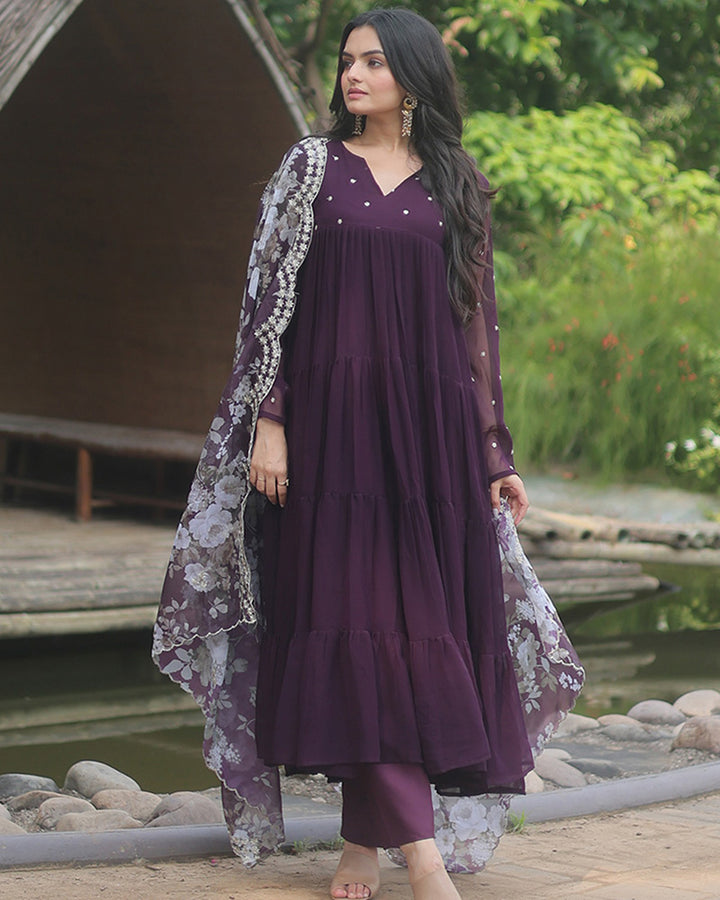 Beautiful Wine Color Frill Anarkali Gown With Printed Dupatta