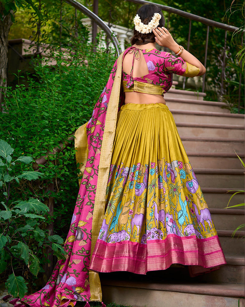 Designer Mustard Color Kalamkari Printed Dola Silk Lehenga Choli