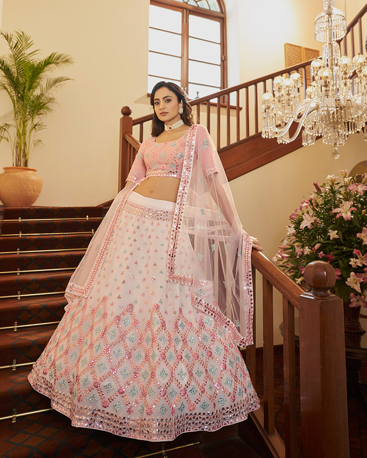 Pearl White Pink Designer Sequence Georgette Lehenga Choli