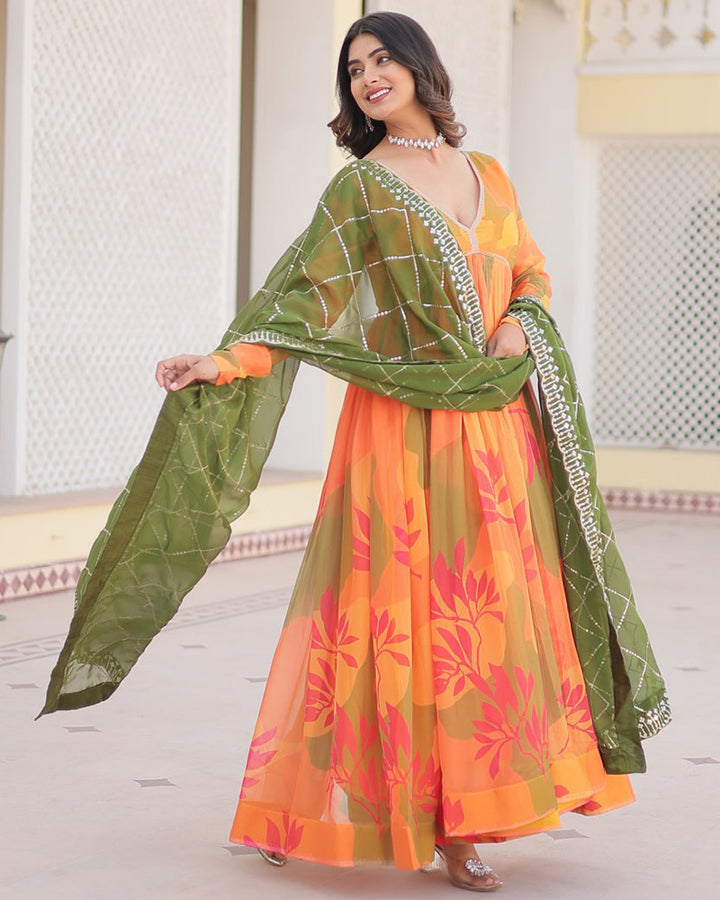 Mehndi-Yellow Color Russian Silk Gown With Designer Dupatta