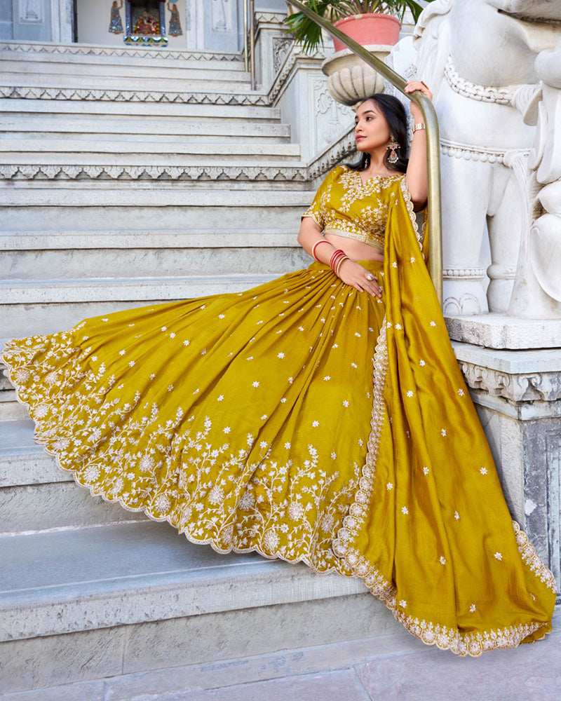 Designer Mustard Color Vichitra Silk Embroidered Lehenga Choli