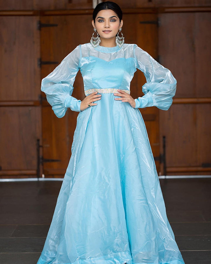 Sky Blue Full Flair Full Stitched Jimi Silk Gown