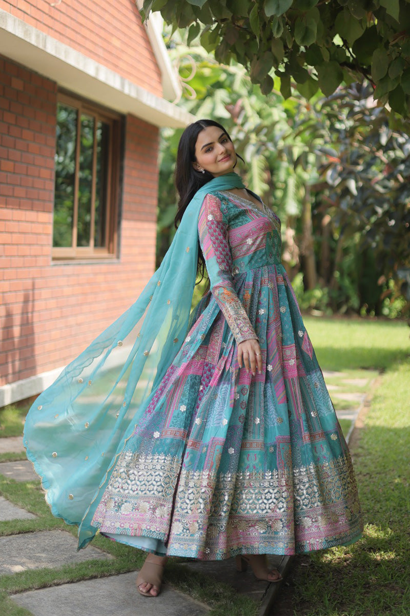 Sky Blue Color Russian Silk Fully Stitched Gown With Dupatta