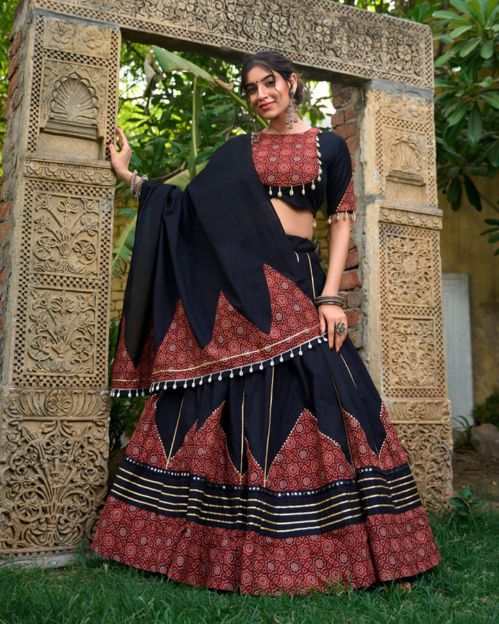 Designer Black Color Cotton Printed Navratri Lehenga Choli