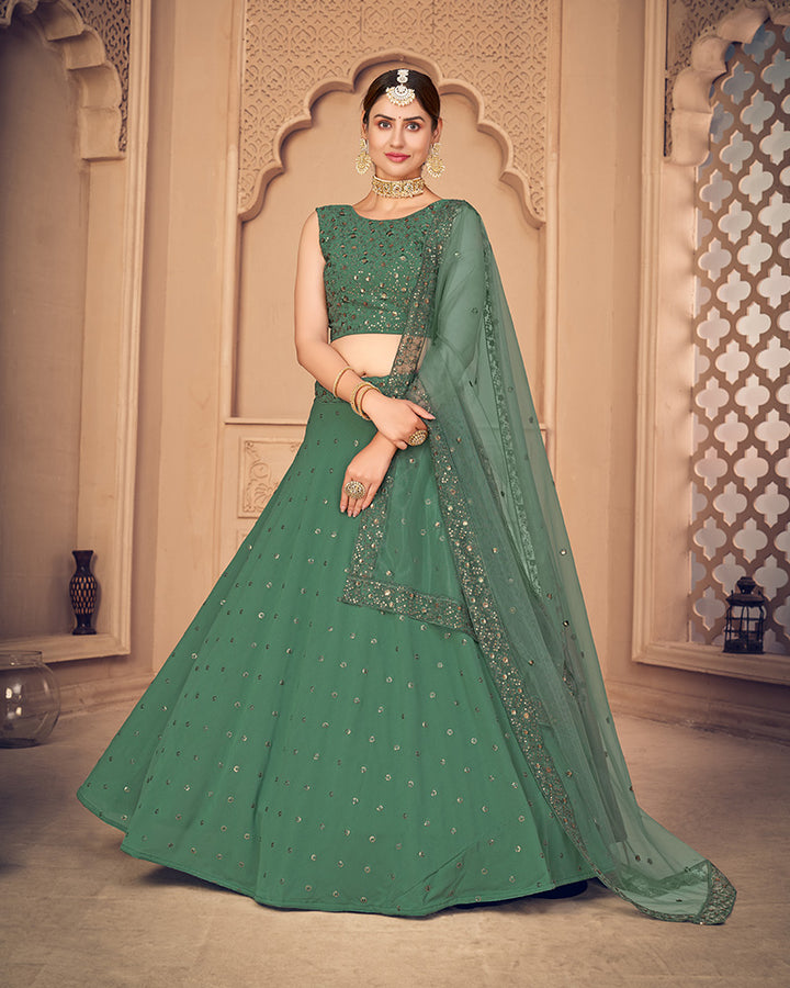 Designer Georgette Sequence Embroidery Pista Green Color Lehenga Choli