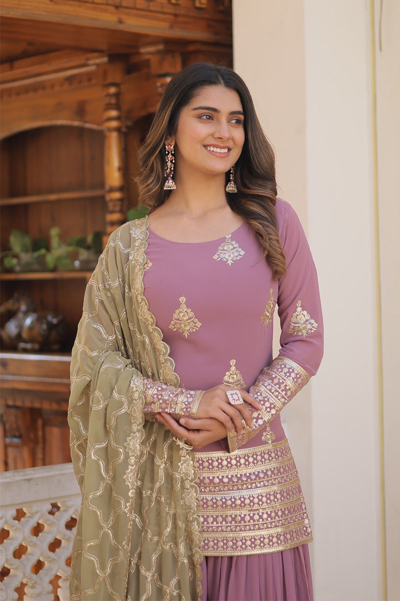 Onion Color Faux Georgette Three Piece Plazzo Suit