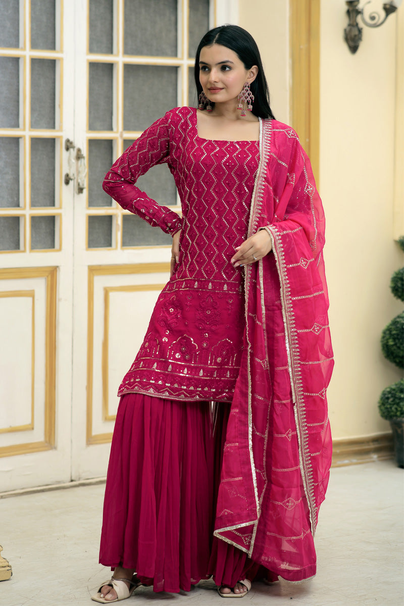 Pink Color Zigzag Line Faux Georgette Three Piece Sharara Suit