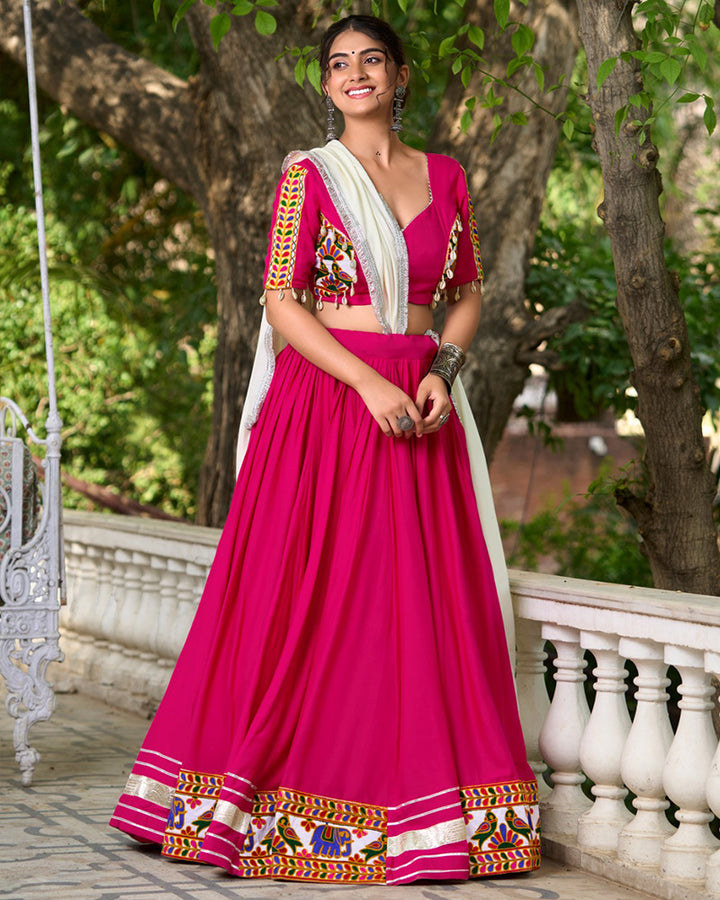 Rani Pink Color Rayon Gamthi Style Navratri Lehenga Choli