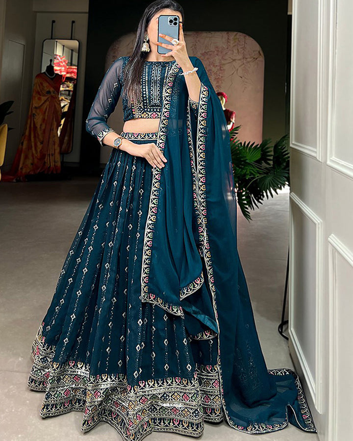 Wedding Wear Designer Navy Blue Color Embroidery Lehenga Choli