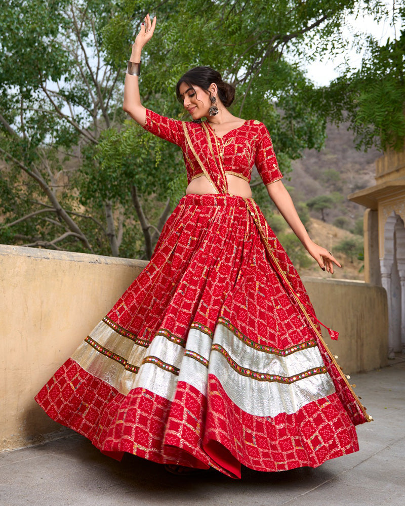 Red Color Rayon Full Stitched Navratri Lehenga Choli