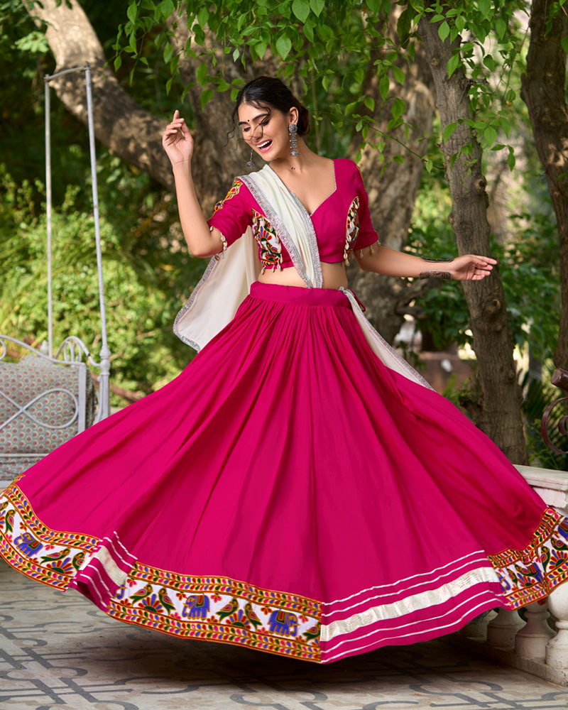 Rani Pink Color Rayon Gamthi Style Navratri Lehenga Choli