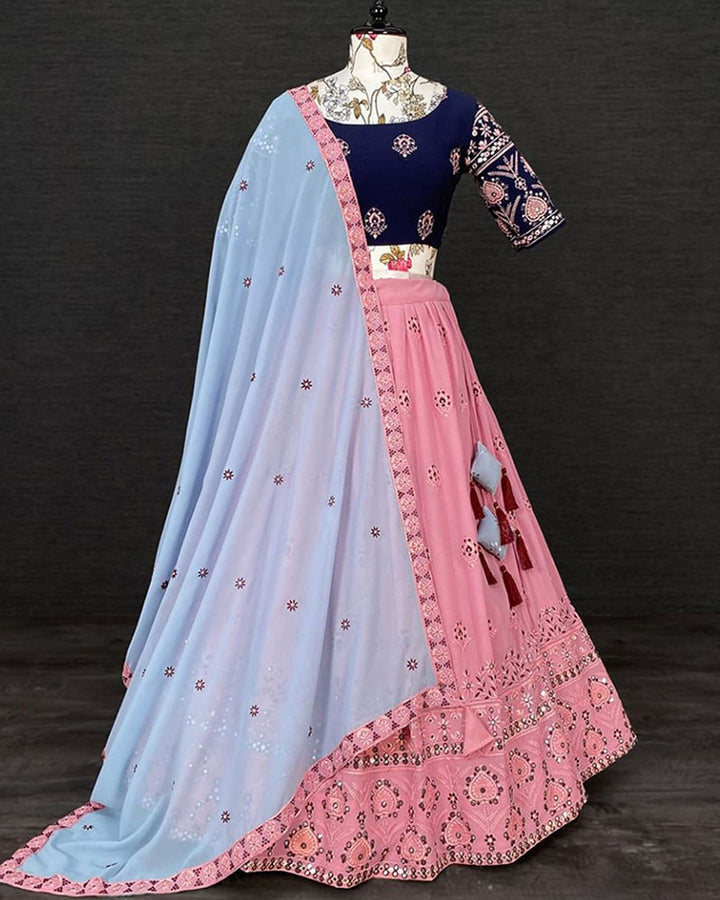 Georgette Navy Blue And Pink Lehenga Choli With Tassels