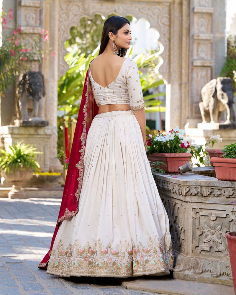 Designer Off White Color Vichitra Silk Embroidered Lehenga Choli