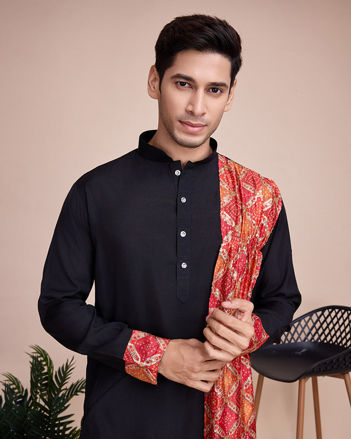 Black Color silk Men's Kurta With Dupatta