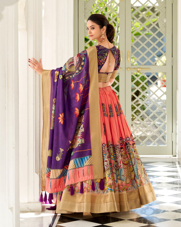 Exclusive Designer Peach Color Kalamkari Printed Dola Silk Lehenga Choli