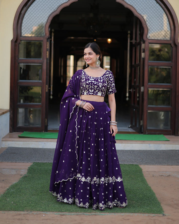 Designer Wine Color Blooming Lehenga Choli With Beautiful Dupatta