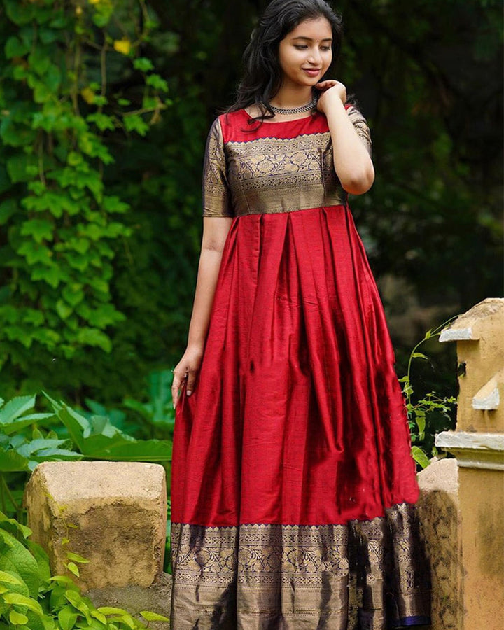 Red Banarasi Silk Gown With Jacquard Weaving Work