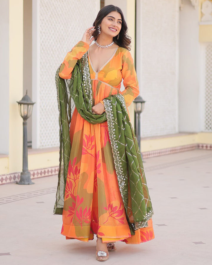 Mehndi-Yellow Color Russian Silk Gown With Designer Dupatta