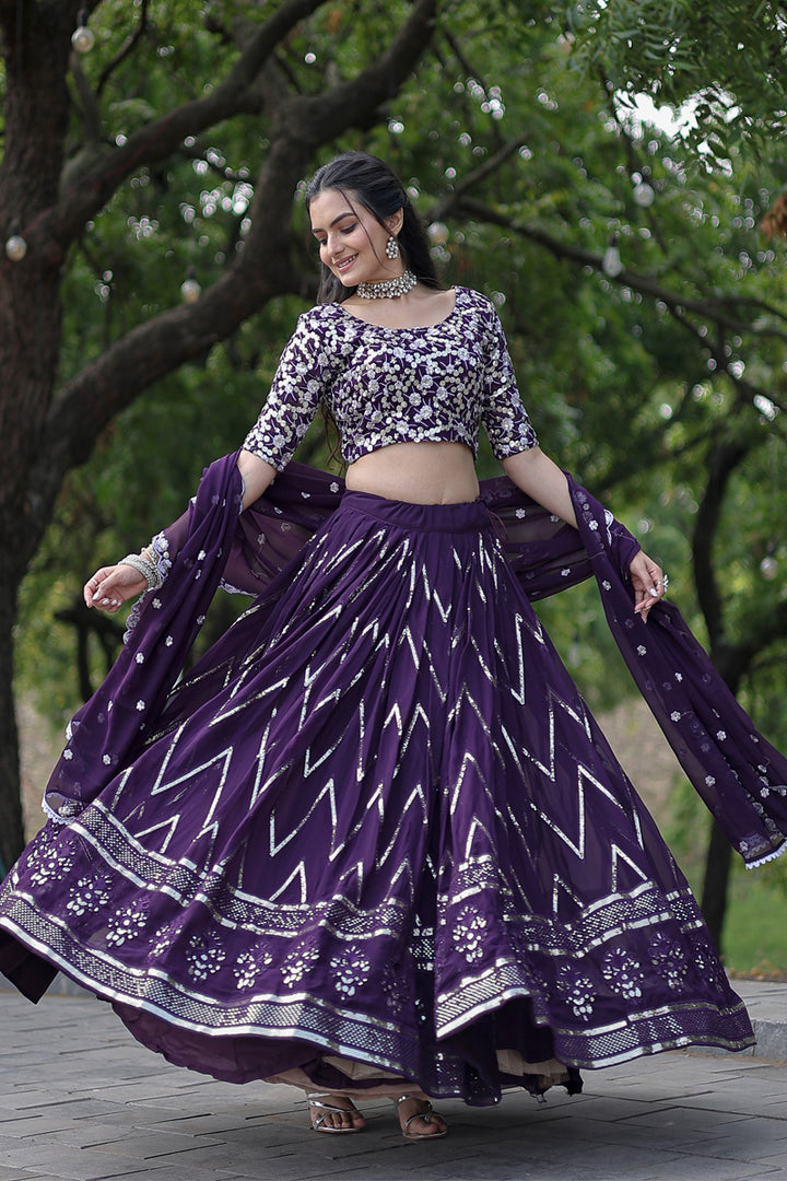 Dark Purple Color Faux Blooming With Heavy Sequence Wedding Wear Lehenga Choli