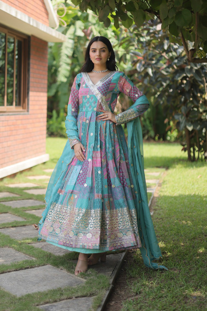 Sky Blue Color Russian Silk Fully Stitched Gown With Dupatta