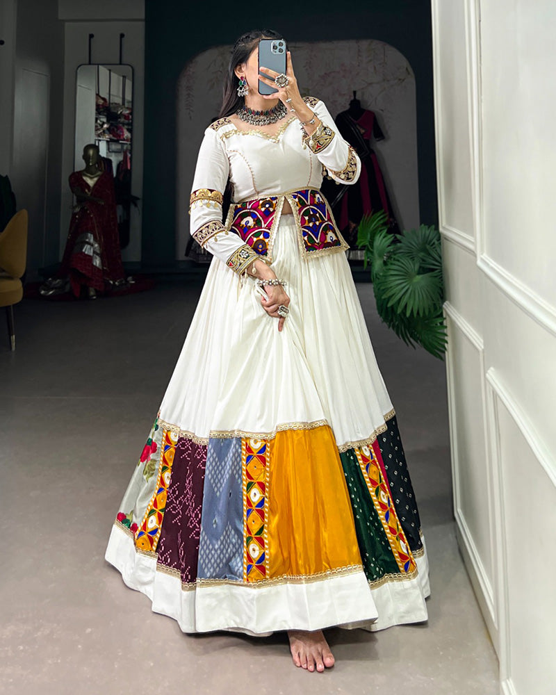 White Color Pure Rayon Gamthi Work Navratri Lehenga Choli