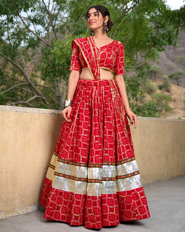 Red Color Rayon Full Stitched Navratri Lehenga Choli