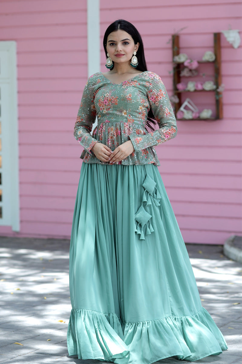 Floral Pista Green Color Faux Georgette Sequence Lehenga Choli