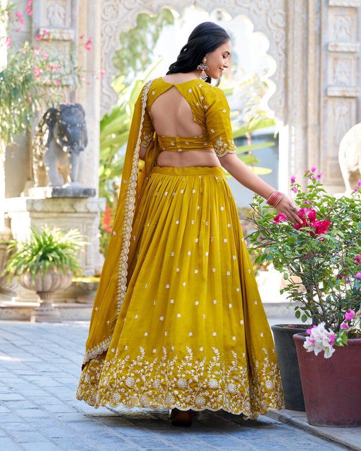 Designer Mustard Color Vichitra Silk Embroidered Lehenga Choli