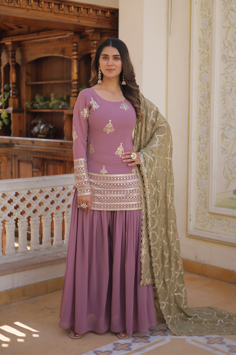 Onion Color Faux Georgette Three Piece Plazzo Suit