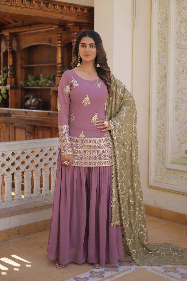 Onion Color Faux Georgette Three Piece Plazzo Suit