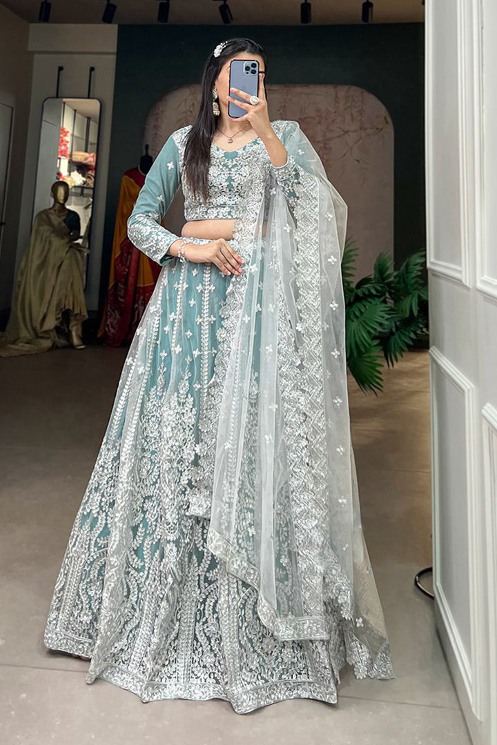 Exclusive Designer Sky Blue Soft Net Lehenga Choli