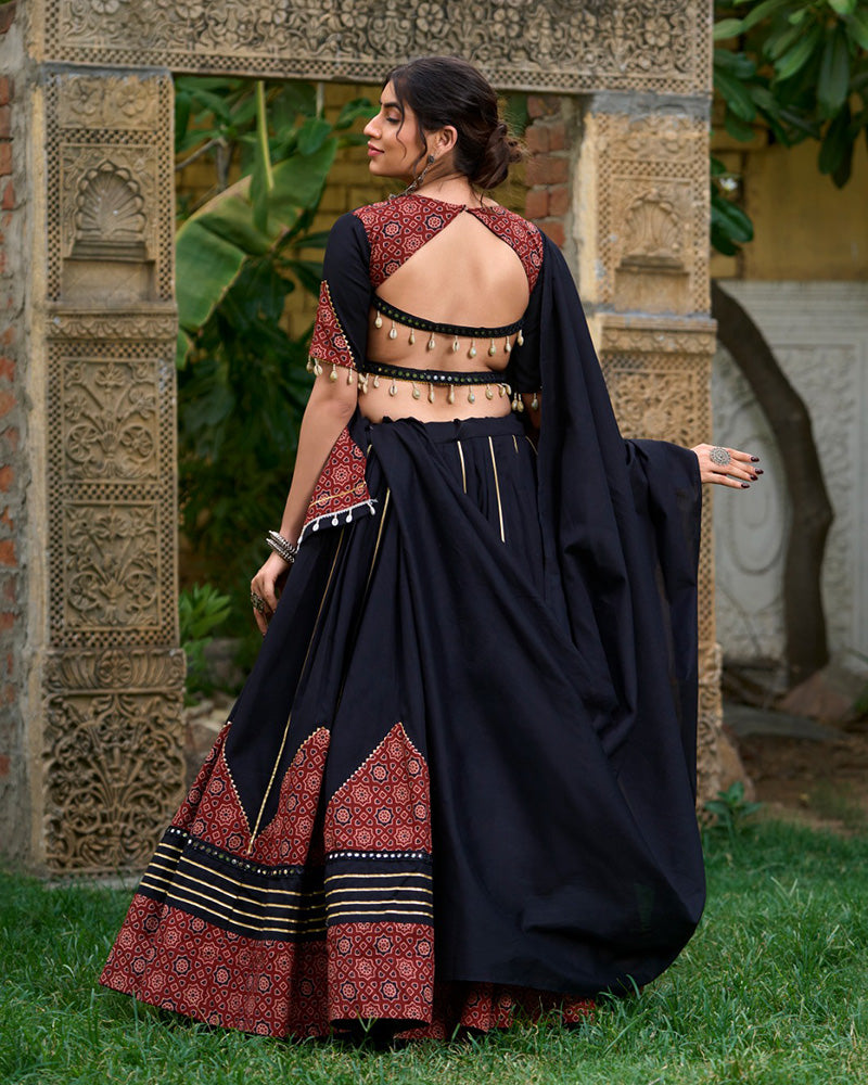 Designer Black Color Cotton Printed Navratri Lehenga Choli