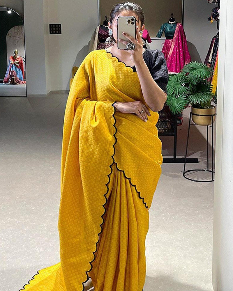 Yellow  Lucknowi Gadhawal Chex Saree