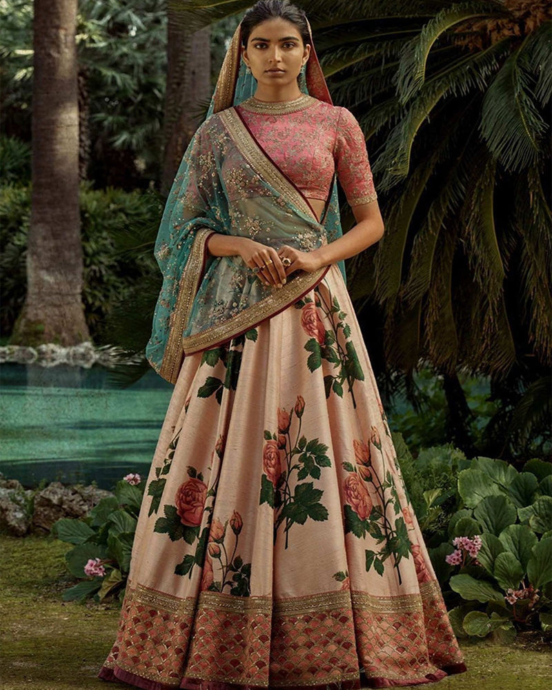 Peach Art Silk Rose Floral Designer Lehenga Choli