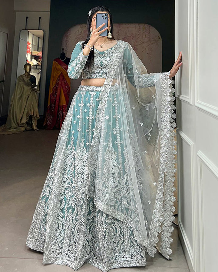 Exclusive Designer Sky Blue Soft Net Lehenga Choli