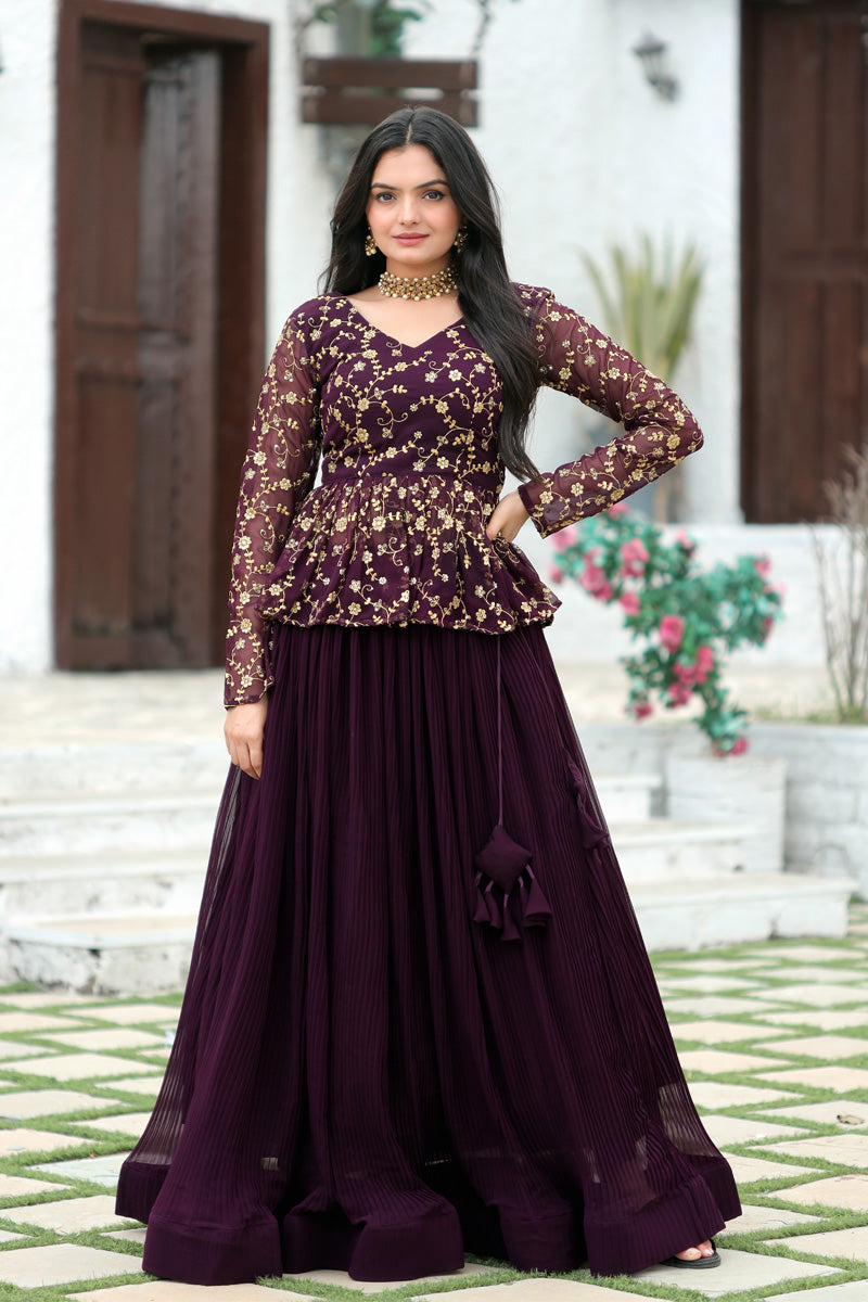 Wine Color Faux Blooming Sequence Embroidery Work Designer Lehenga Choli