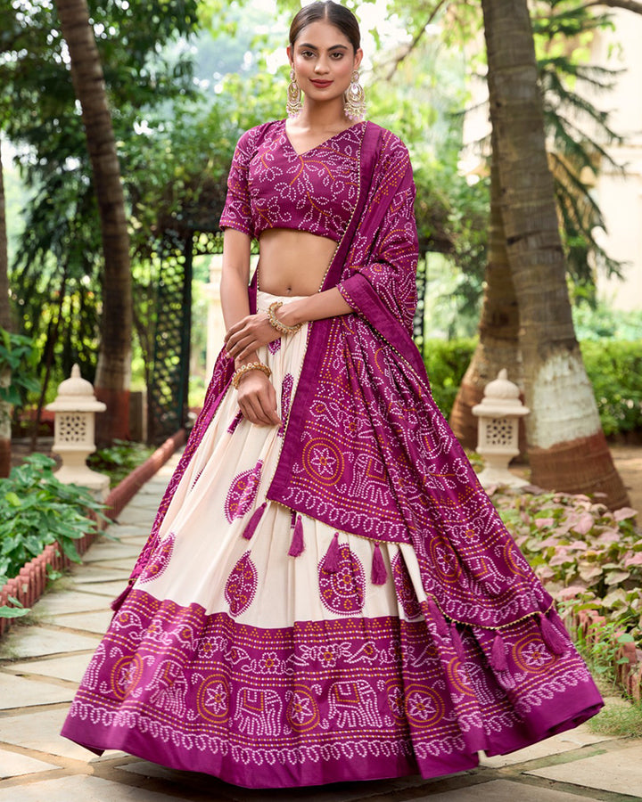 Bandhej Print Wine Color Tussar Silk Lehenga Choli