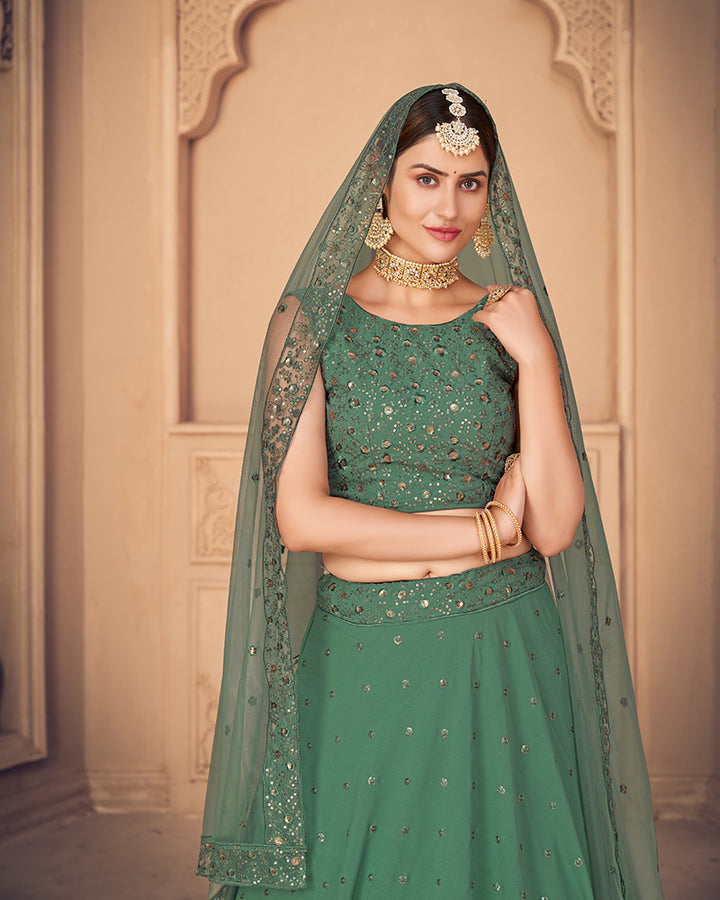 Designer Georgette Sequence Embroidery Pista Green Color Lehenga Choli