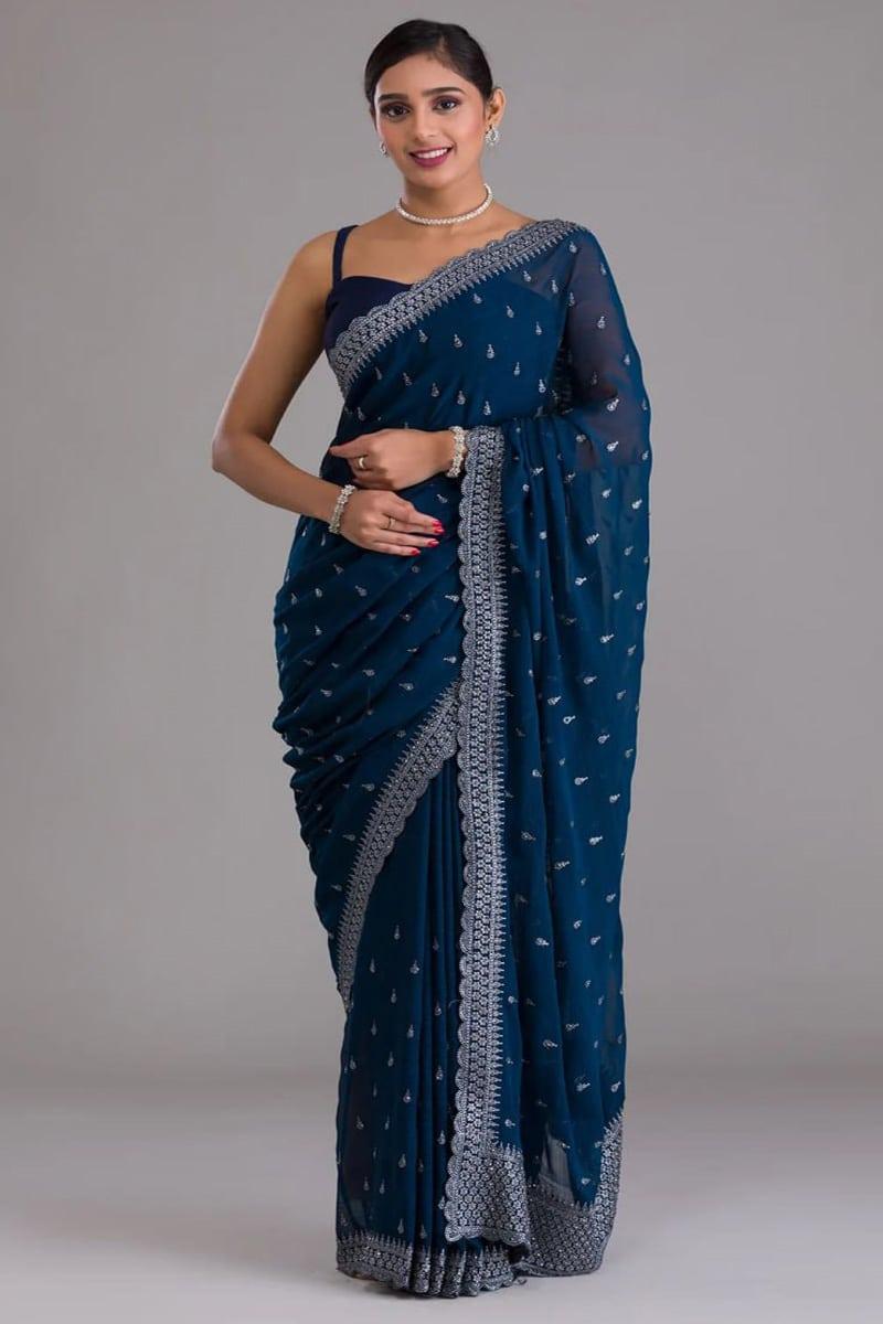 Blue Color Zari Sequence Chinon Chiffon  Saree