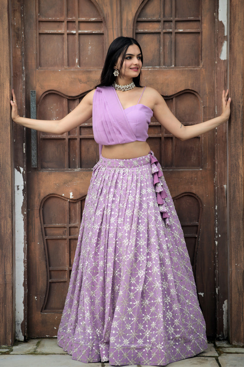 Lavender Color Faux Georgette Ready To Wear Crop Top Lehenga Choli